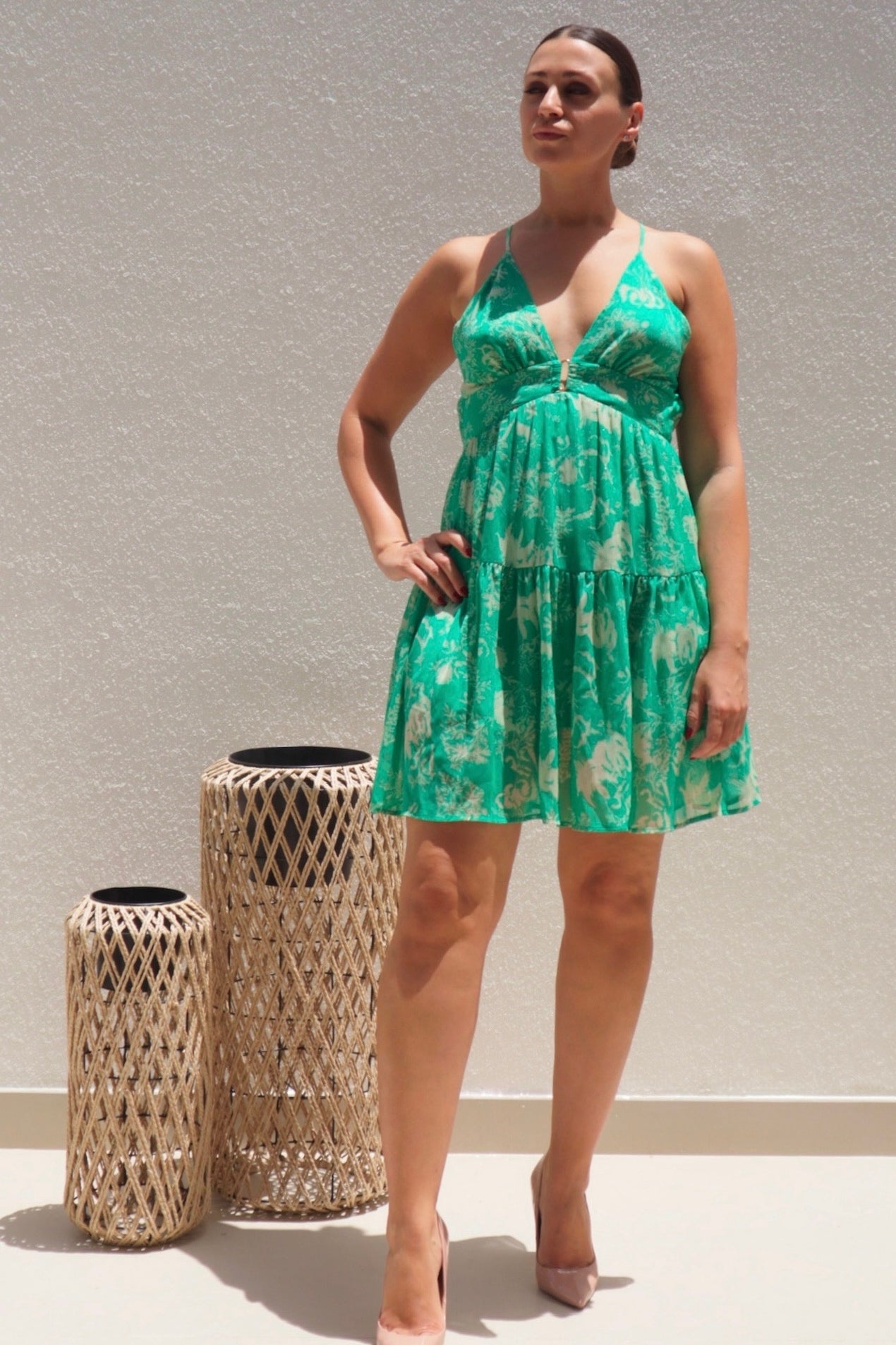 Female model wearing Nikita Cross Back Dress - Green- showcasing the latest ladies fashion with free delivery 