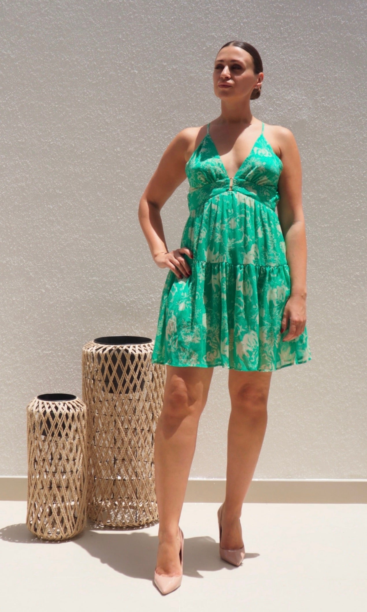 Female model wearing Nikita Cross Back Dress - Green- showcasing the latest ladies fashion with free delivery 