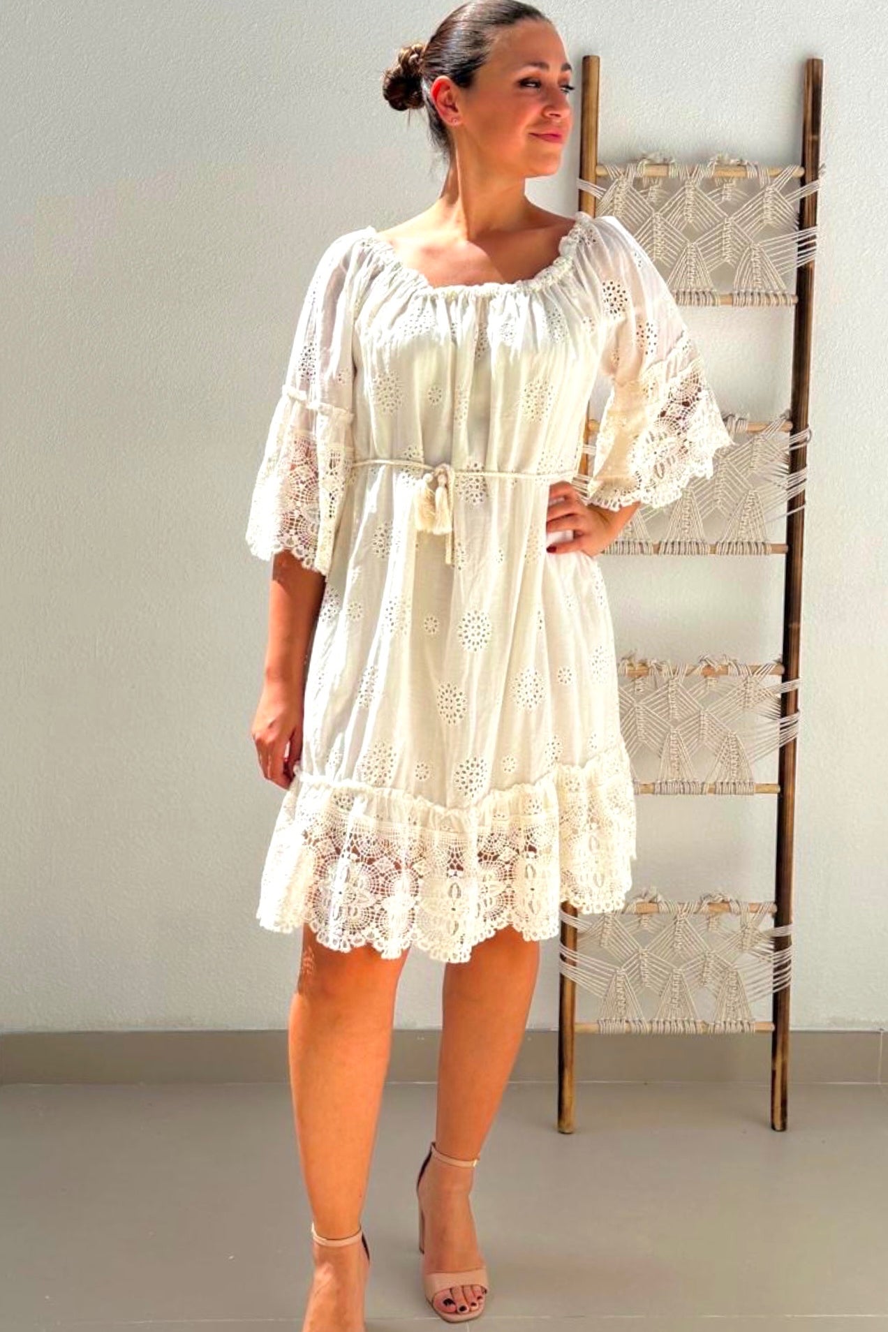 Macie Embroidered Bardot Dress - White at Alorabella-Dress Macie Embroidered Bardot Dress - White at Alorabella-Dress
