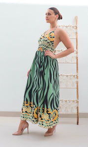 Female model wearing Saskia Halter Dress - Sage- showcasing the latest ladies fashion with free delivery 