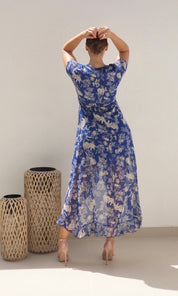 Female model wearing Madeline Wrap Frill Dress - Royal Blue- showcasing the latest ladies fashion with free delivery 