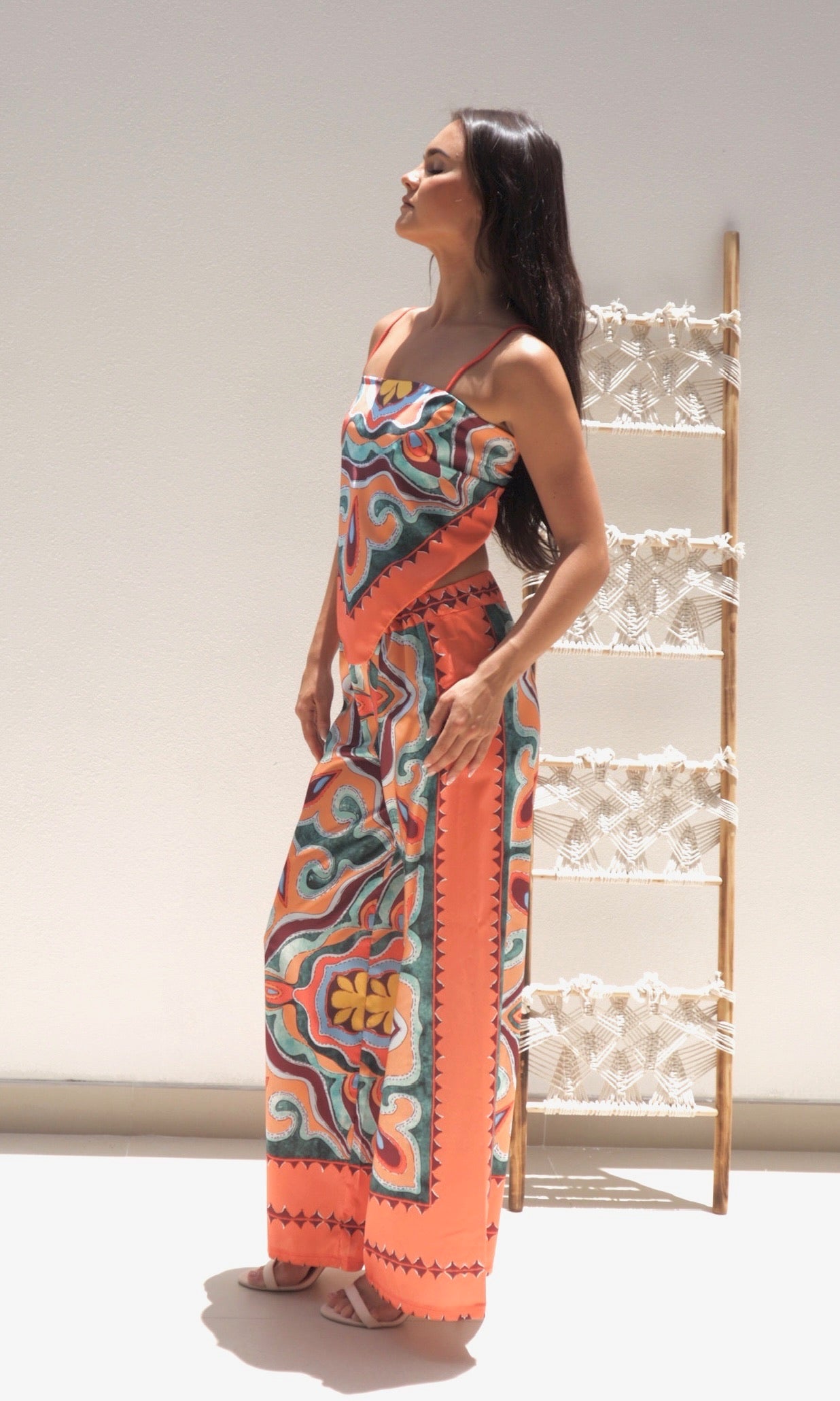 Female model wearing Kira Co-ord - Orange- showcasing the latest ladies fashion with free delivery 