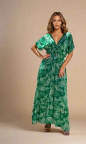 Thea Beaded V Front & Back Dress - Green