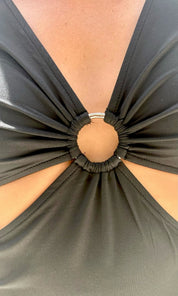 Female model wearing Ruby Cut Out Dress - Black- showcasing the latest ladies fashion with free delivery 