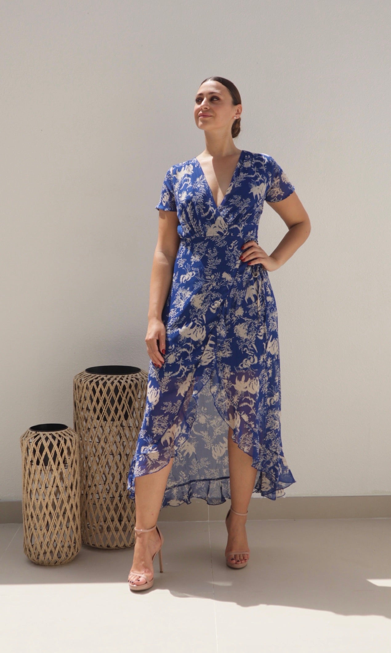 Female model wearing Madeline Wrap Frill Dress - Royal Blue- showcasing the latest ladies fashion with free delivery 
