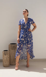 Female model wearing Madeline Wrap Frill Dress - Royal Blue- showcasing the latest ladies fashion with free delivery 