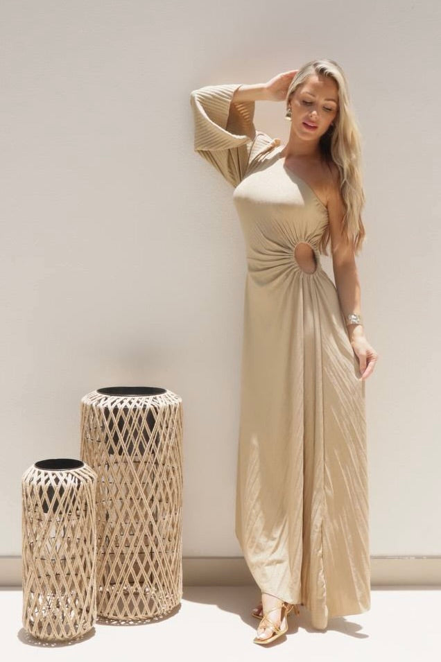 Female model wearing Arlia One Shouldered Dress - Gold- showcasing the latest ladies fashion with free delivery 