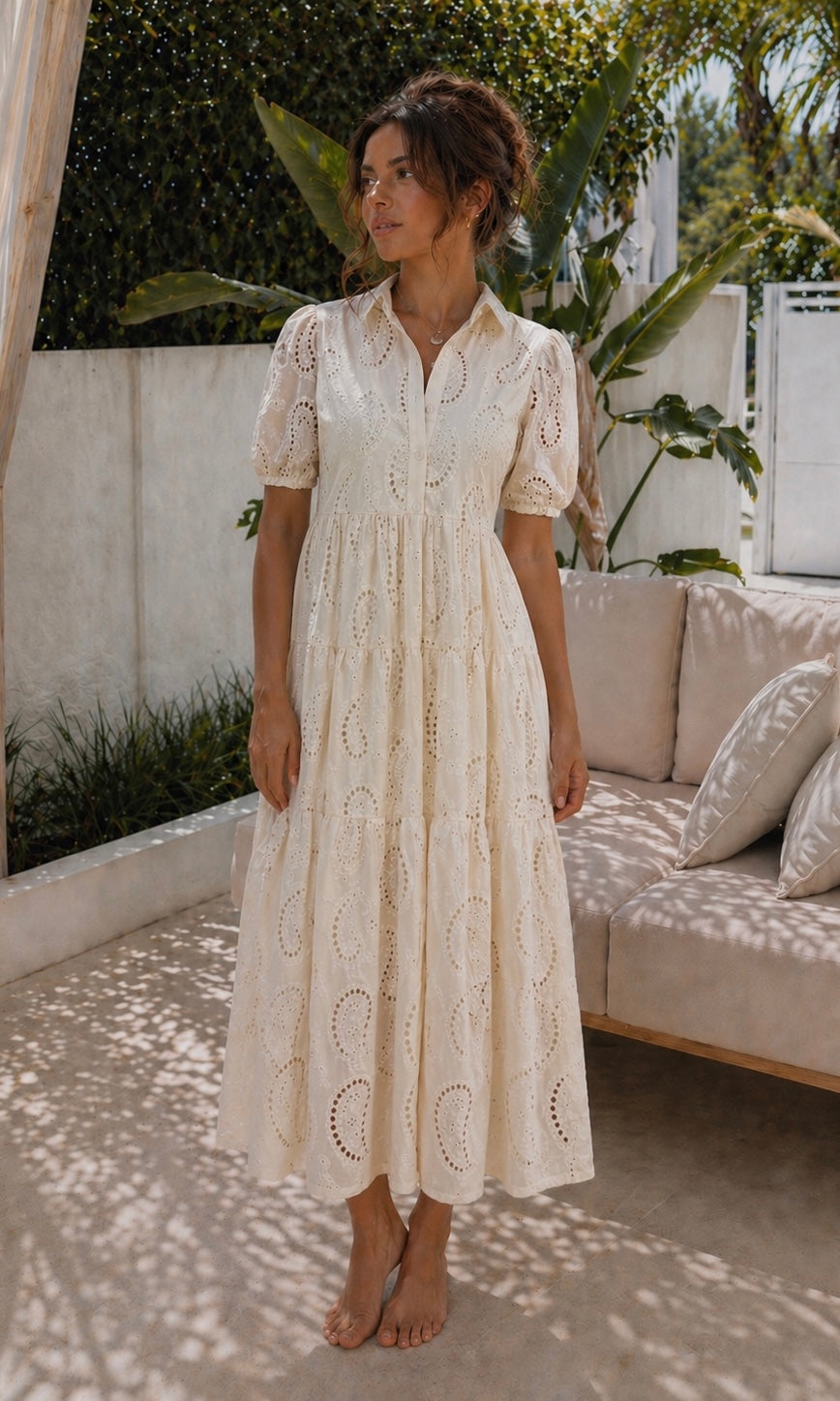 Amarilla Embroidered Shirt Dress - Cream