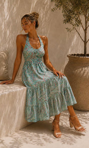 Luna Elasticated Halter Dress - Turquoise