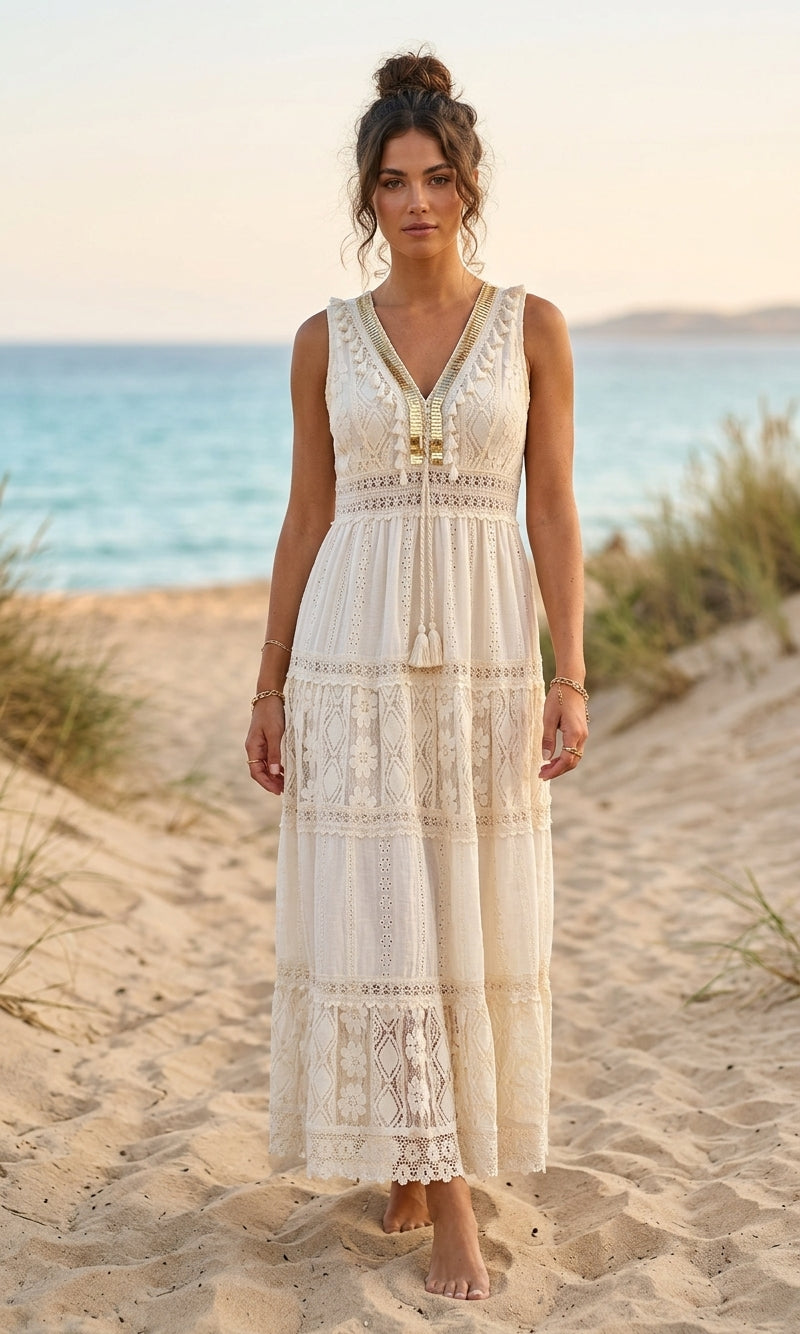 Amira Gold Detail Crochet Maxi - Cream