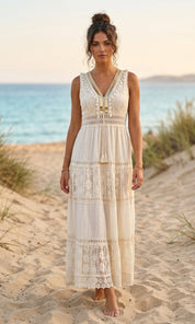 Amira Gold Detail Crochet Maxi - Cream