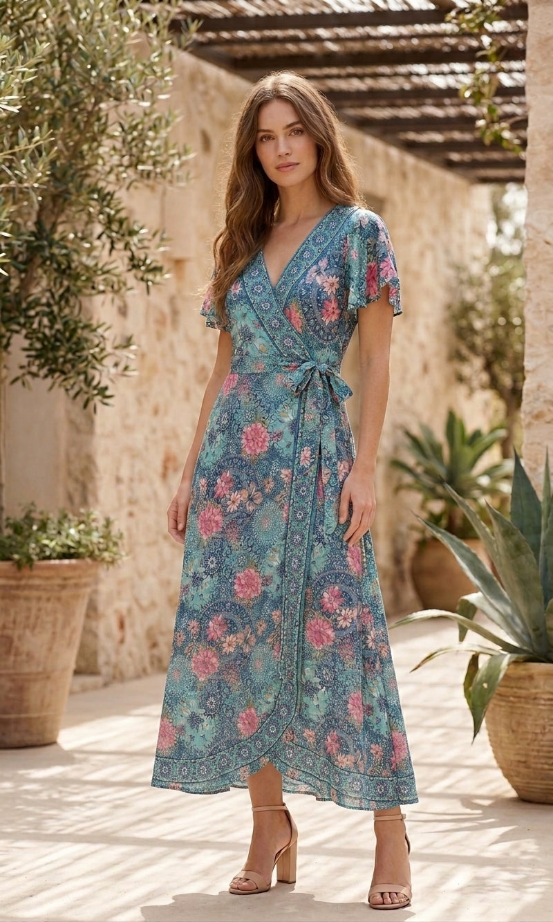 Maria Frill Wrap Maxi - Aqua / Pink