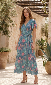 Maria Frill Wrap Maxi - Aqua / Pink