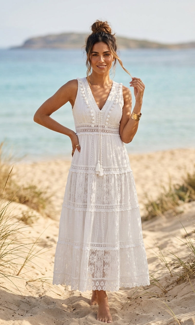 Amira Gold Detail Crochet Maxi - White