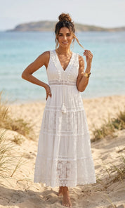 Amira Gold Detail Crochet Maxi - White