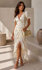 Yasmin Gold Wrap Dress - Cream / Gold