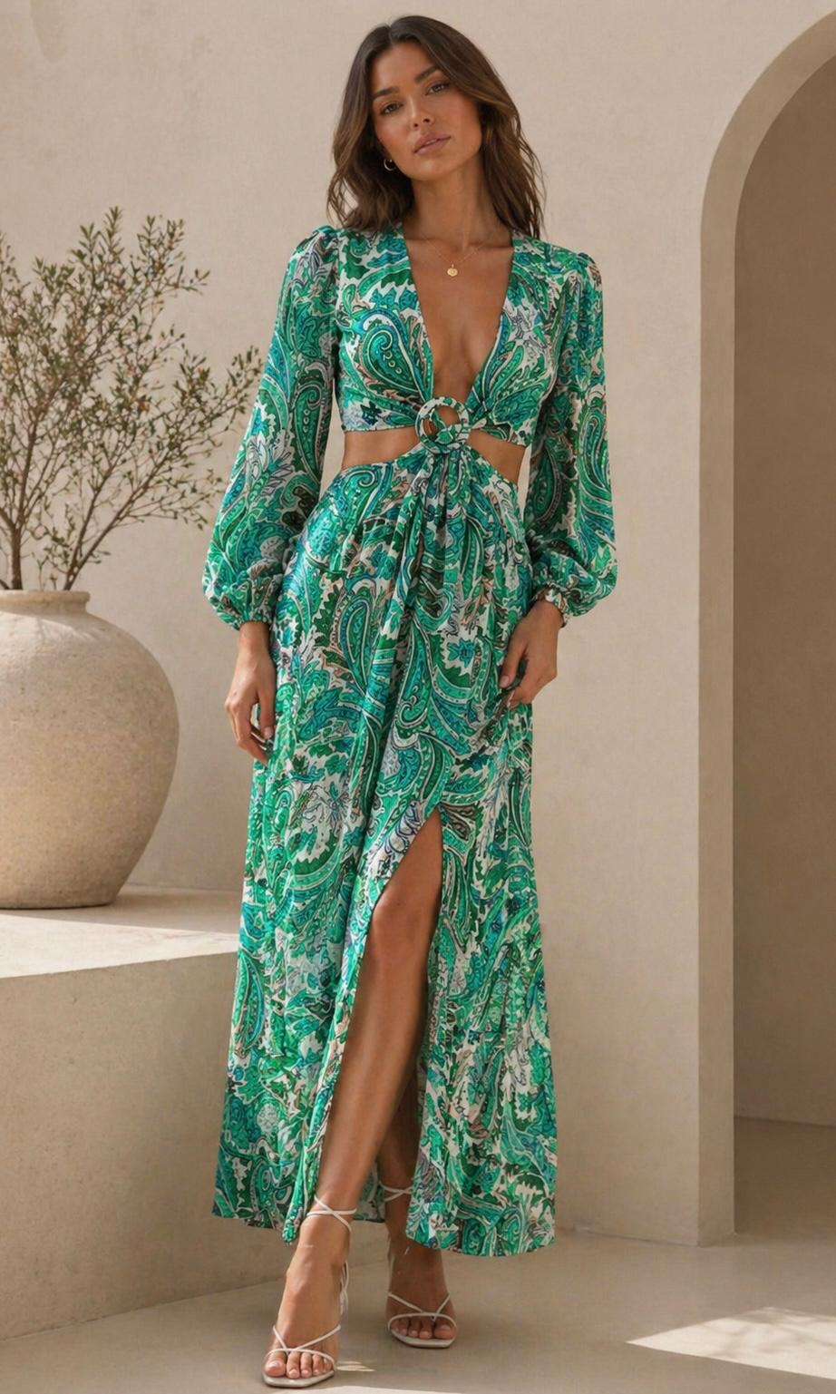 Marina Paisley Cut-Out Dress - Green
