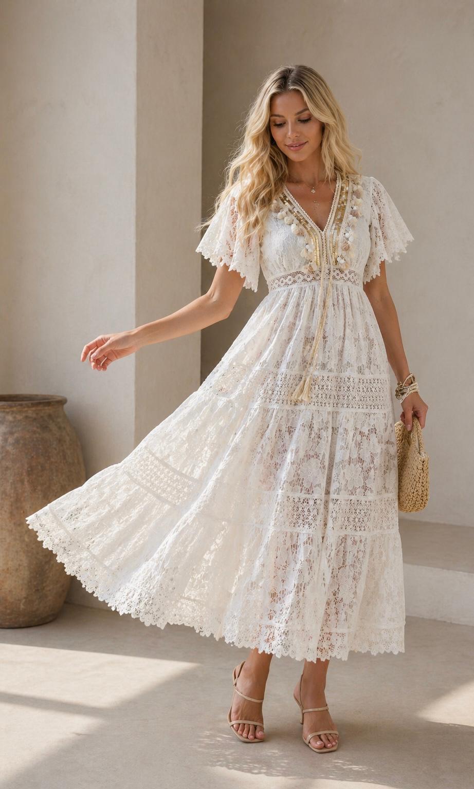 Kayley gold trim crochet maxi - White