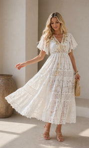 Kayley gold trim crochet maxi - White