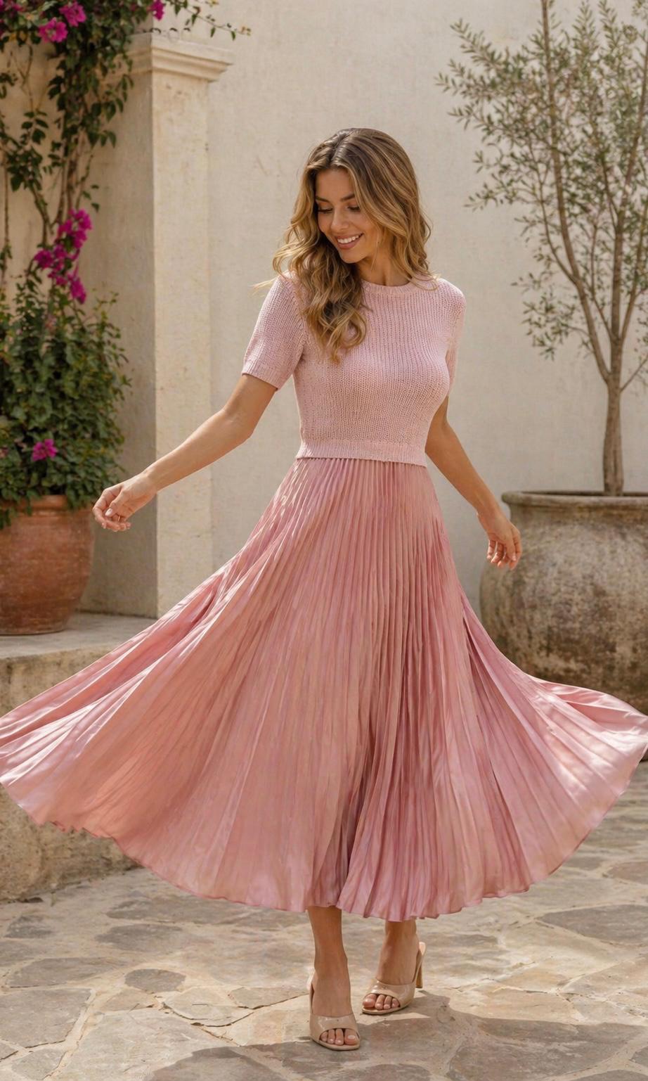 Nora Satin Pleat Dress - Pink