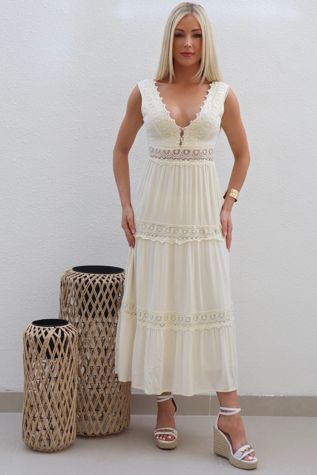 Female model wearing Neve Crochet Maxi - Cream- showcasing the latest ladies fashion with free delivery 
