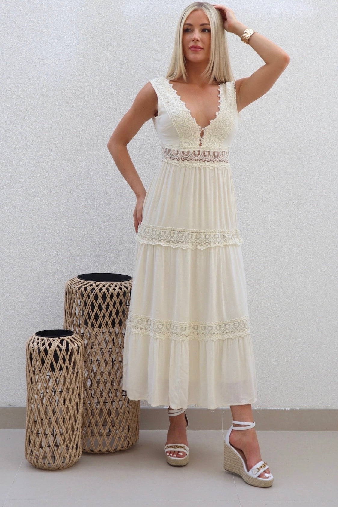 Female model wearing Neve Crochet Maxi - Cream- showcasing the latest ladies fashion with free delivery 