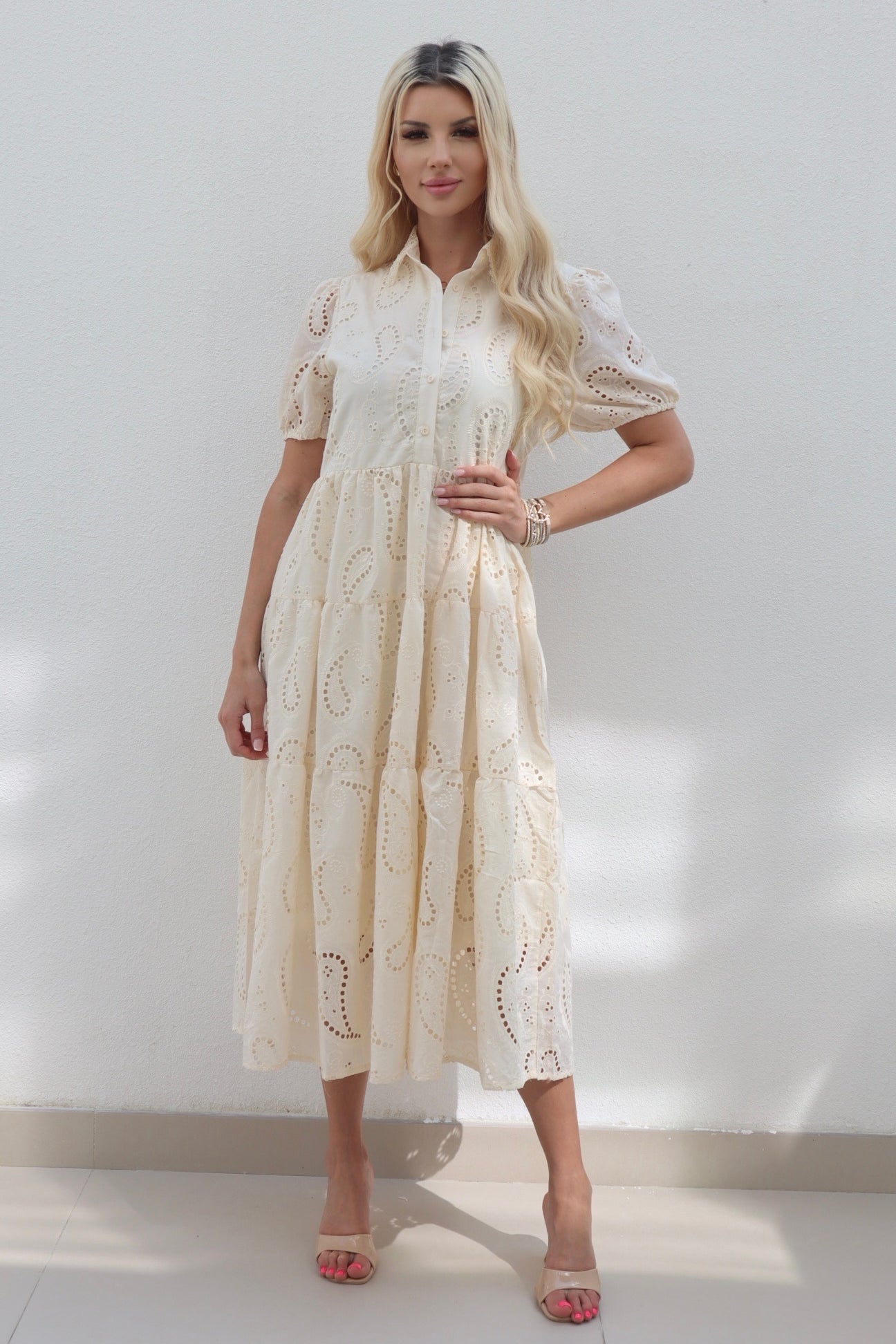 Female model wearing Amarilla Embroidered Shirt Dress - Cream- showcasing the latest ladies fashion with free delivery 