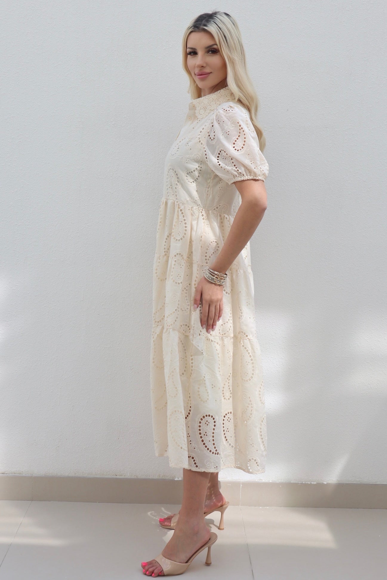 Female model wearing Amarilla Embroidered Shirt Dress - Cream- showcasing the latest ladies fashion with free delivery 
