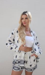 Female model wearing Nova Embroidered Shirt - Navy- showcasing the latest ladies fashion with free delivery 