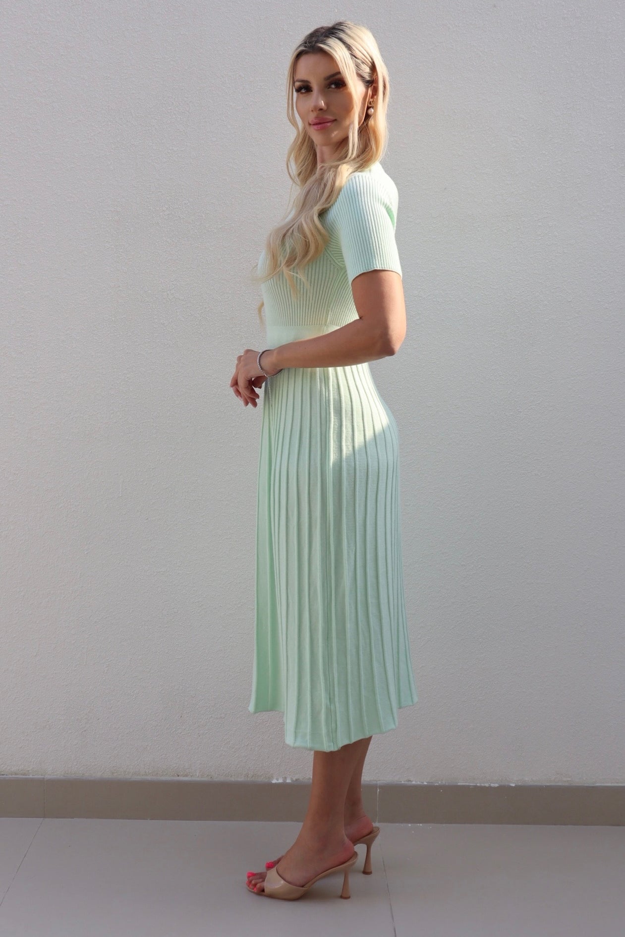 Female model wearing Carla knitted pleat Dress - Mint- showcasing the latest ladies fashion with free delivery 