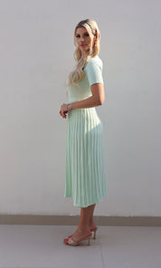 Female model wearing Carla knitted pleat Dress - Mint- showcasing the latest ladies fashion with free delivery 