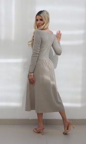 Female model wearing Shyla cord Dress - Stone- showcasing the latest ladies fashion with free delivery 