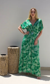 Female model wearing Thea Beaded V Front & Back Dress - Green- showcasing the latest ladies fashion with free delivery 