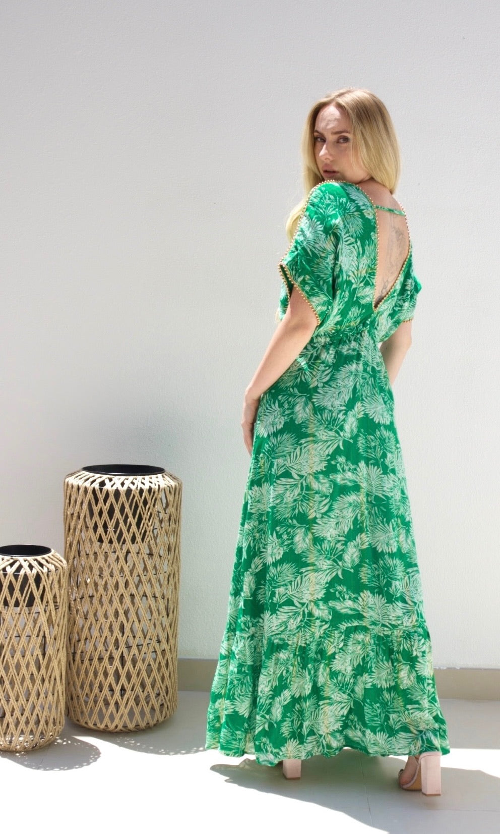 Female model wearing Thea Beaded V Front & Back Dress - Green- showcasing the latest ladies fashion with free delivery 
