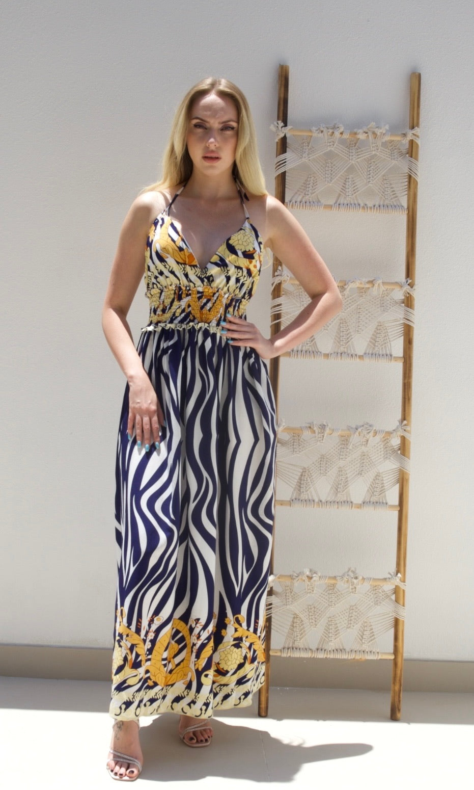 Female model wearing Saskia Halter Dress - Navy- showcasing the latest ladies fashion with free delivery 