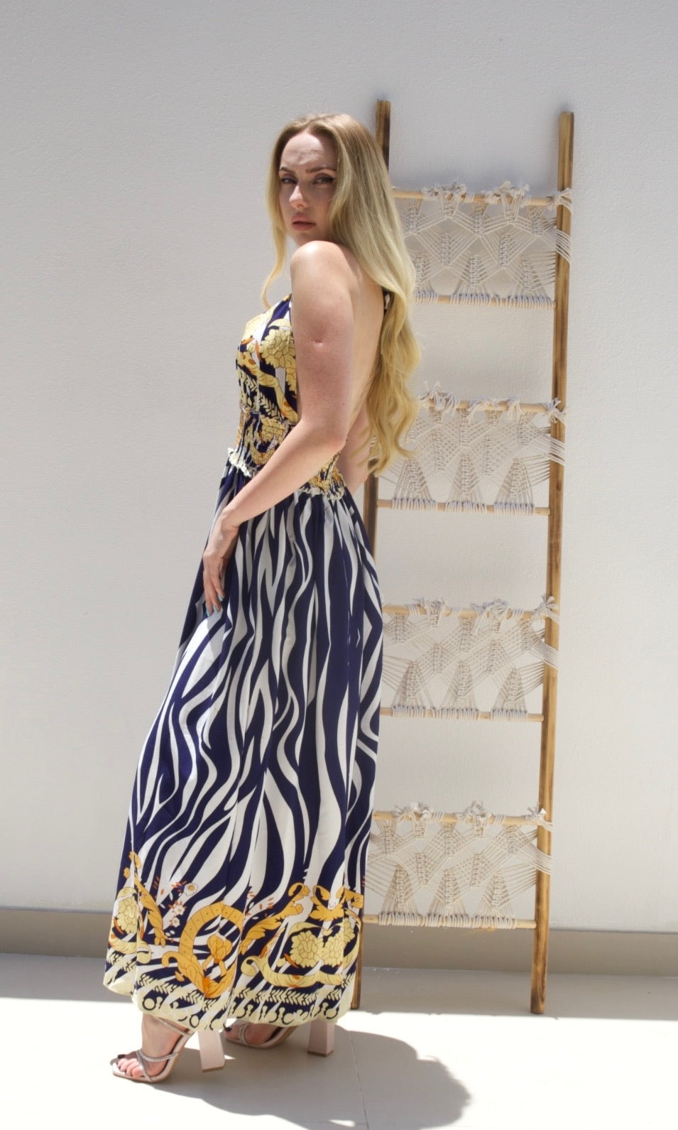 Female model wearing Saskia Halter Dress - Navy- showcasing the latest ladies fashion with free delivery 
