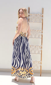 Female model wearing Saskia Halter Dress - Navy- showcasing the latest ladies fashion with free delivery 