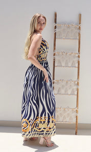 Female model wearing Saskia Halter Dress - Navy- showcasing the latest ladies fashion with free delivery 