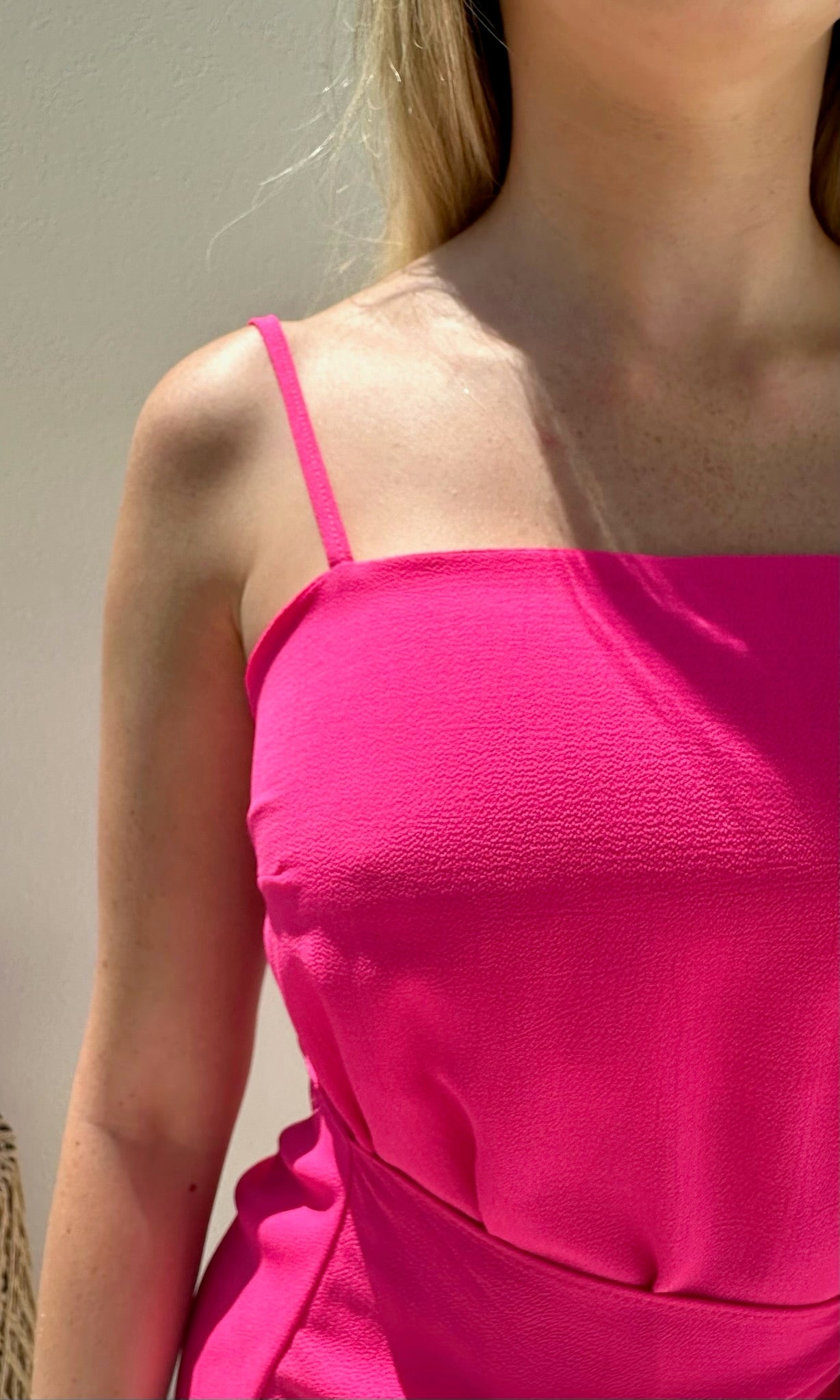 Female model wearing Olivia Strap Wrap-Over Dress - Hot Pink- showcasing the latest ladies fashion with free delivery 