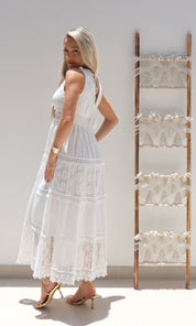 Female model wearing Amira Gold Detail Crochet Maxi - White- showcasing the latest ladies fashion with free delivery 