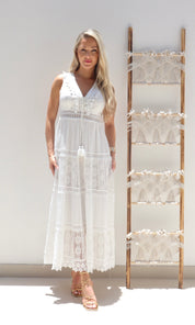 Female model wearing Amira Gold Detail Crochet Maxi - White- showcasing the latest ladies fashion with free delivery 