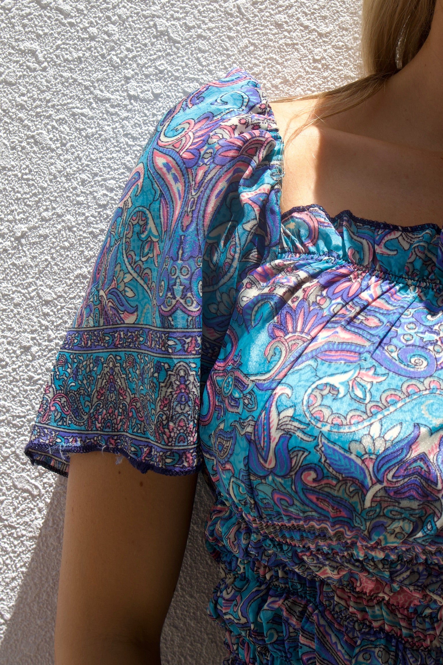 Female model wearing Natalia Paisley Co-ord - Aqua- showcasing the latest ladies fashion with free delivery 