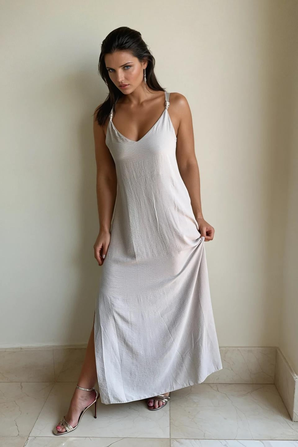 Woman wearing a white slip dress standing against a plain wall.