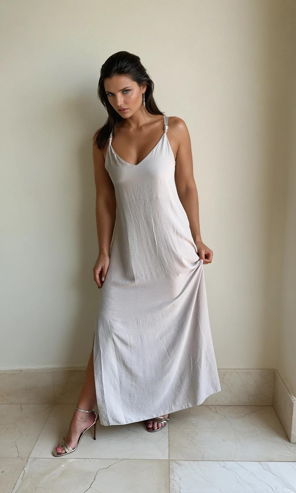 Woman wearing a white slip dress standing against a plain wall.