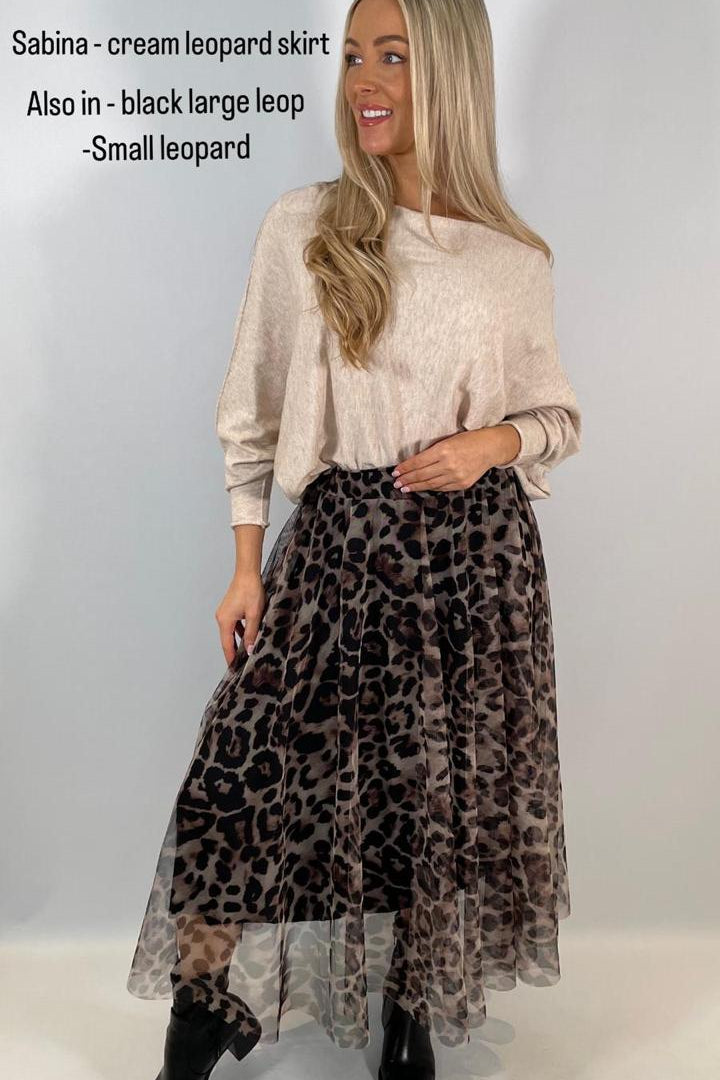 Female model wearing Sabina Leopard Tulle Skirt Small Print - Cream- showcasing the latest ladies fashion with free delivery 