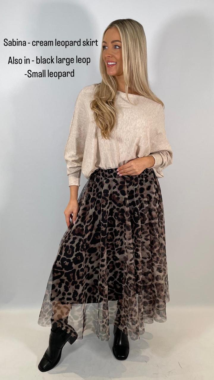 Female model wearing Sabina Leopard Tulle Skirt Small Print - Cream- showcasing the latest ladies fashion with free delivery 