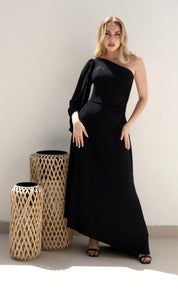 Female model wearing Arlia One Shouldered Dress - Black- showcasing the latest ladies fashion with free delivery 