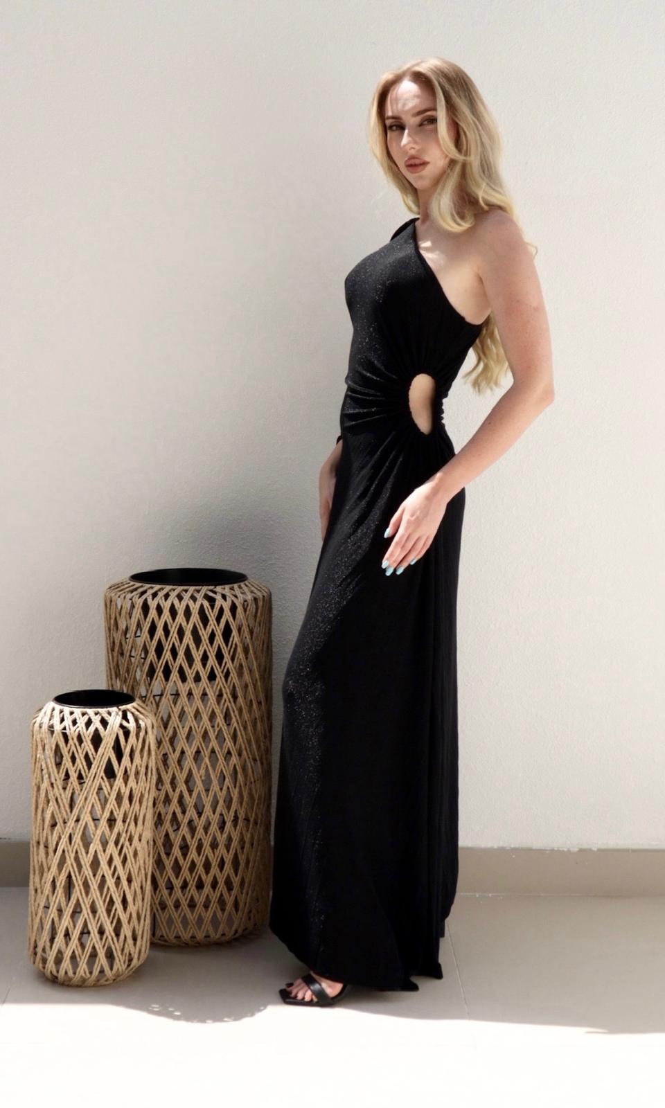 Female model wearing Arlia One Shouldered Dress - Black- showcasing the latest ladies fashion with free delivery 