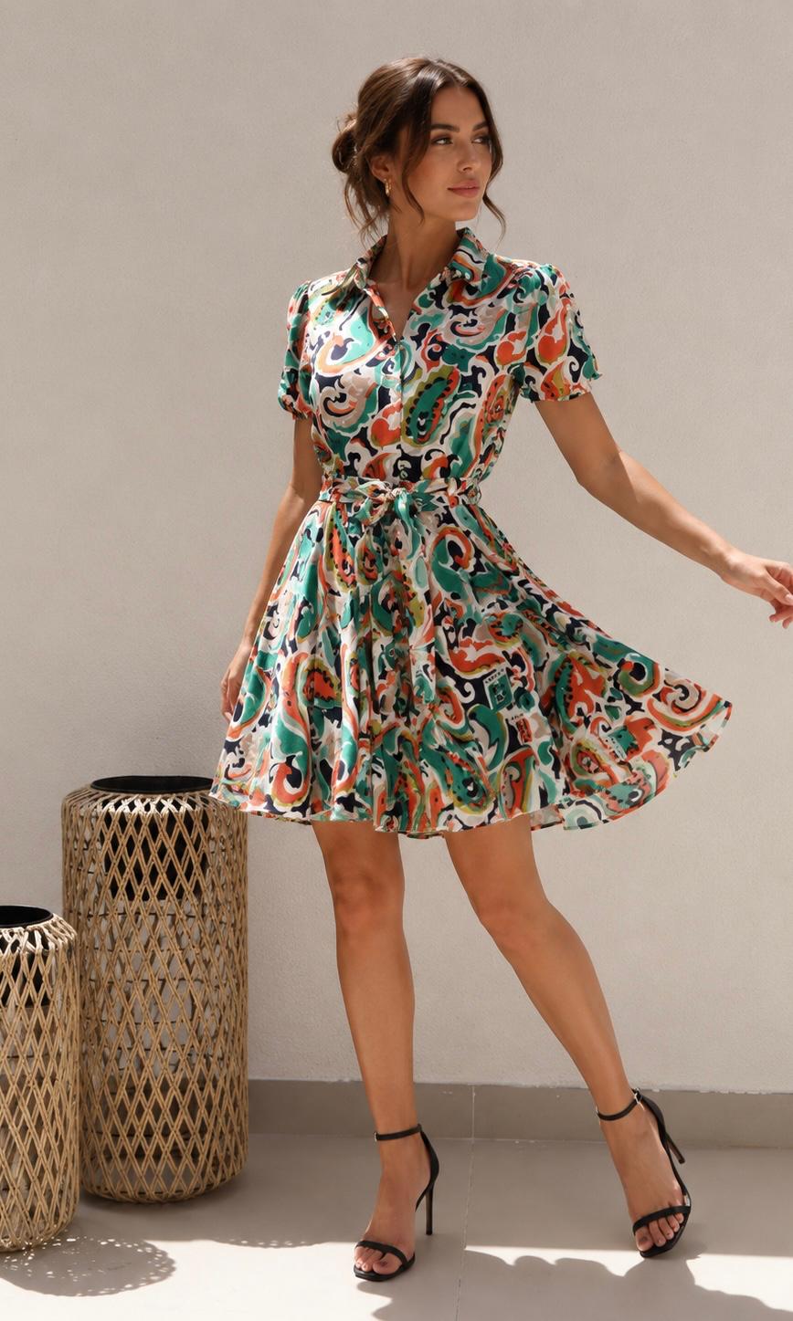 Alice Tropical Button Dress - Green / Orange