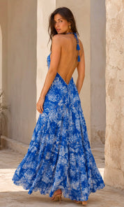 Felicity Beaded Halter Dress - Royal Blue